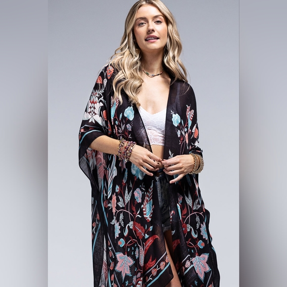 One by Onedder Other - Teal & Black / Leaf & Flower Print Kimono - Lightweight Silky Material - NEW!!!